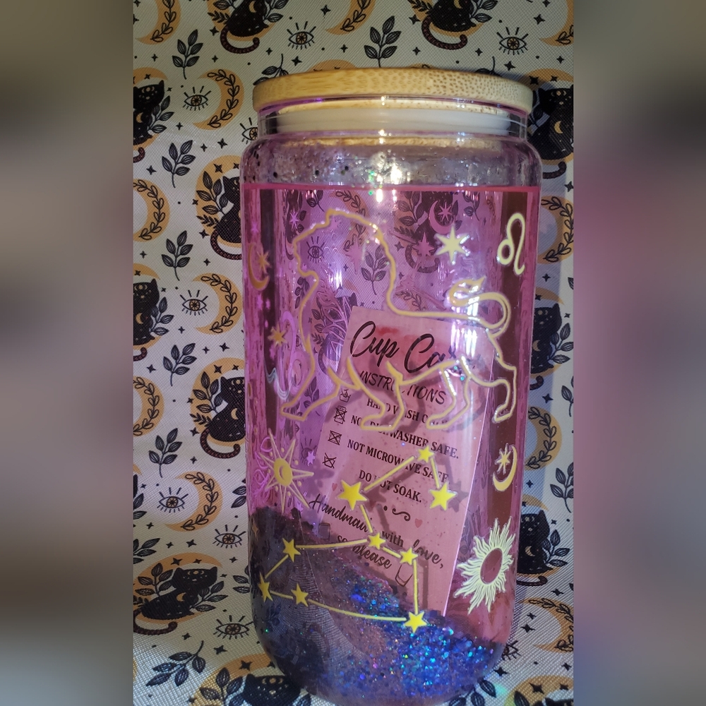 Hand pressed 20oz Zodiac snow globe glass cup